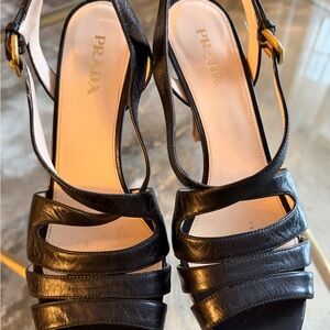 Vintage Prada Black Leather Strappy Slingback Heels Nero 40 10 Like New